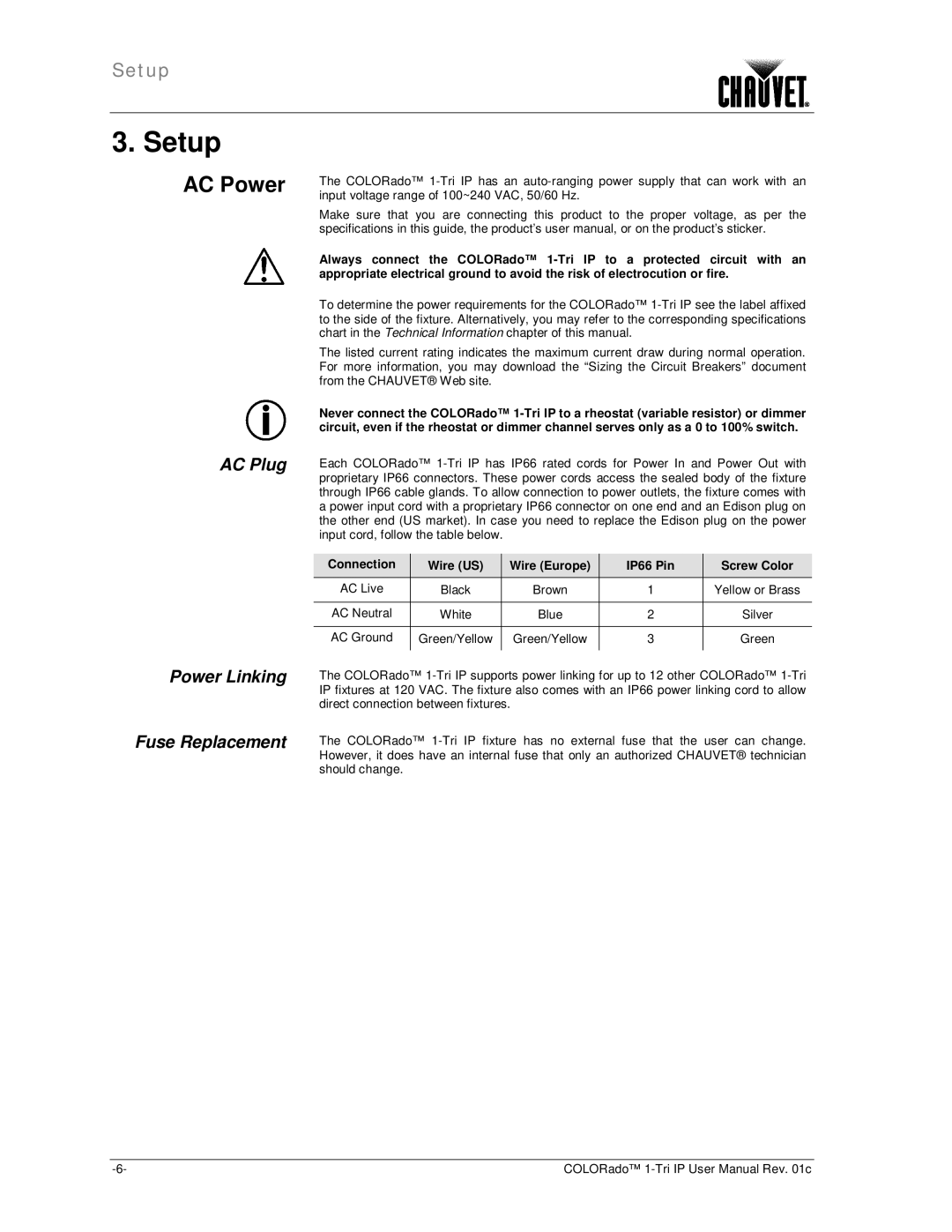 Chauvet 1-TRI IP user manual Setup, AC Power, AC Plug Power Linking Fuse Replacement 