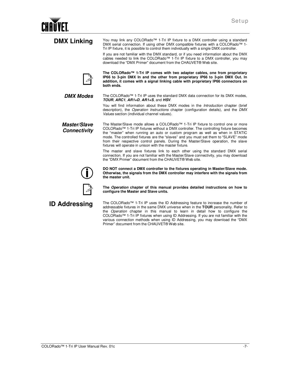 Chauvet 1-TRI IP user manual DMX Linking, ID Addressing, DMX Modes Master/Slave Connectivity 