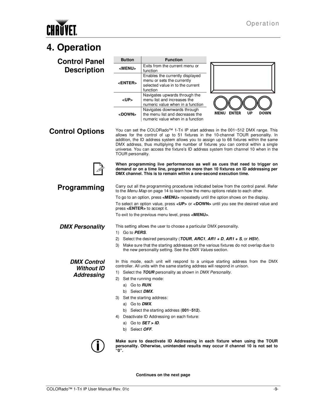 Chauvet 1-TRI IP user manual Operation, Control Options Programming, DMX Personality DMX Control Without ID Addressing 