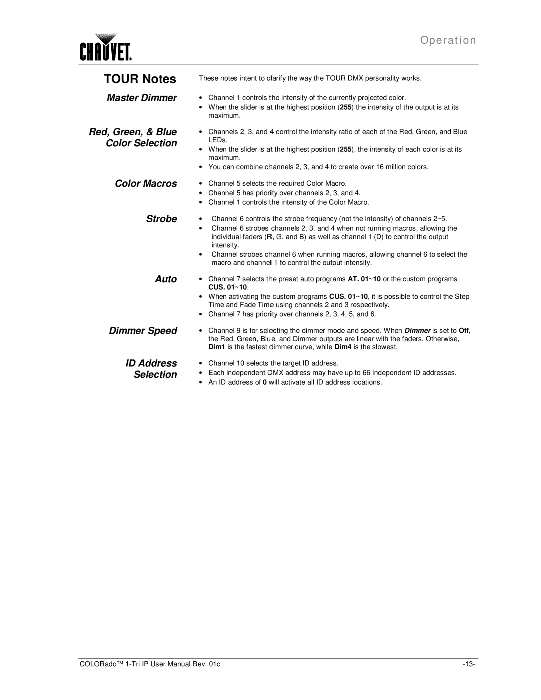 Chauvet 1-TRI IP user manual Tour Notes 