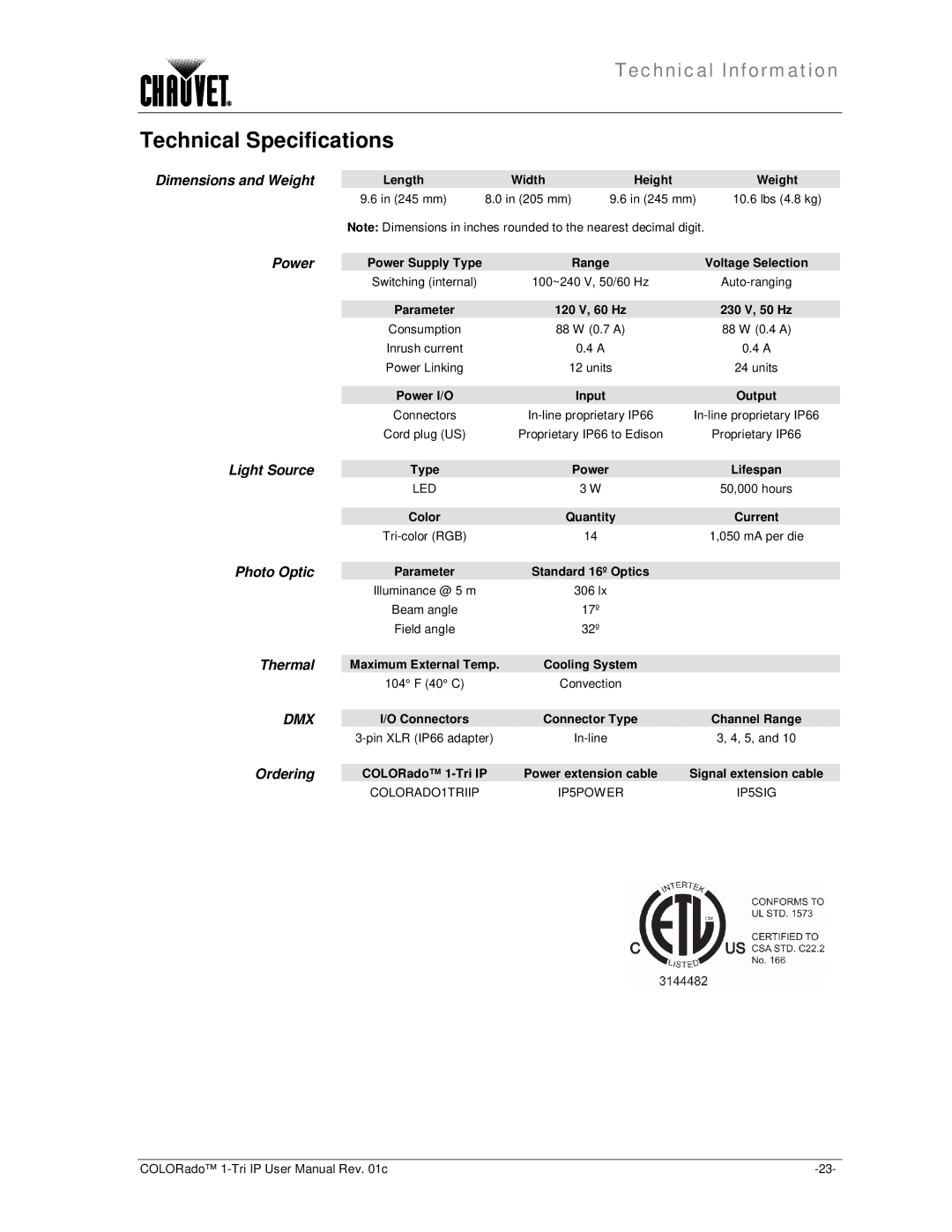 Chauvet 1-TRI IP user manual Technical Specifications 