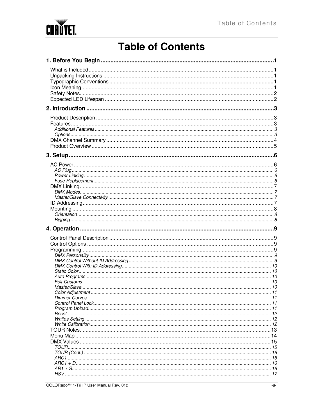 Chauvet 1-TRI IP user manual Table of Contents 