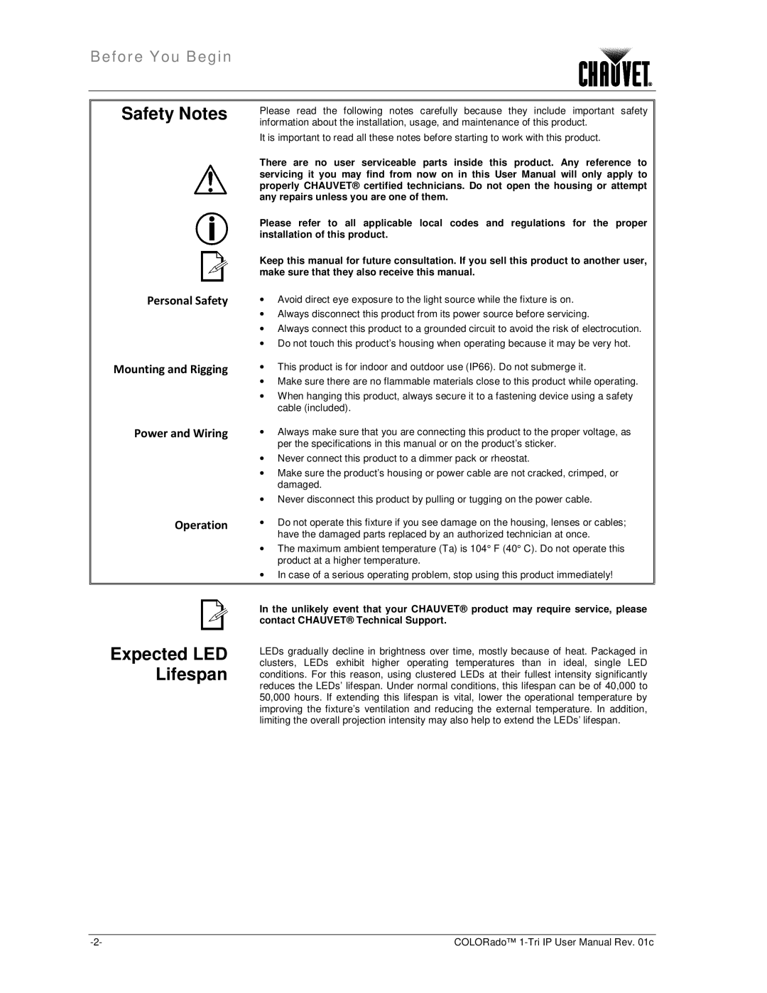 Chauvet 1-TRI IP user manual Safety Notes, Expected LED Lifespan 