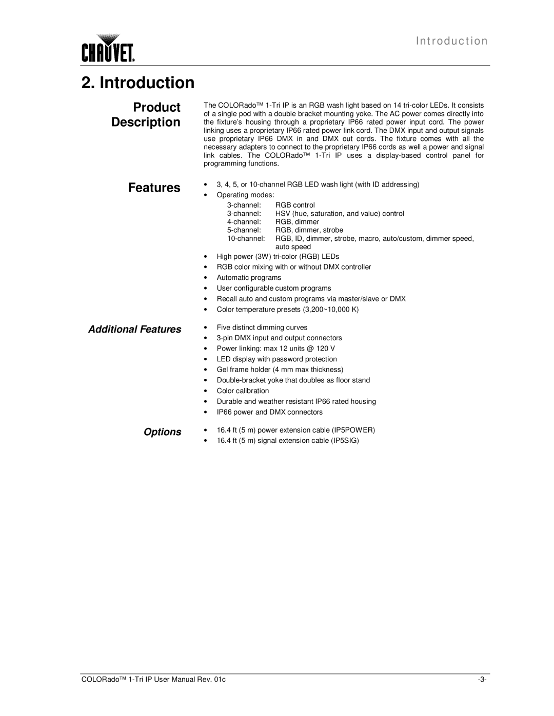 Chauvet 1-TRI IP user manual Introduction, Product Description, Additional Features Options 