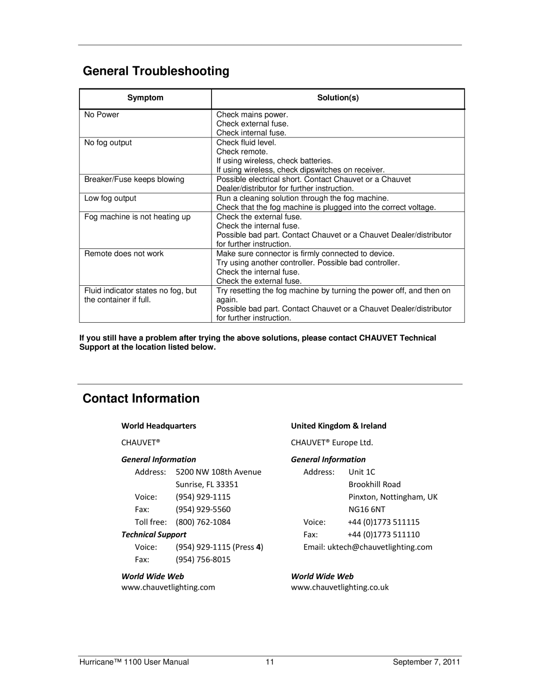 Chauvet 1100 user manual General Troubleshooting, Contact Information 