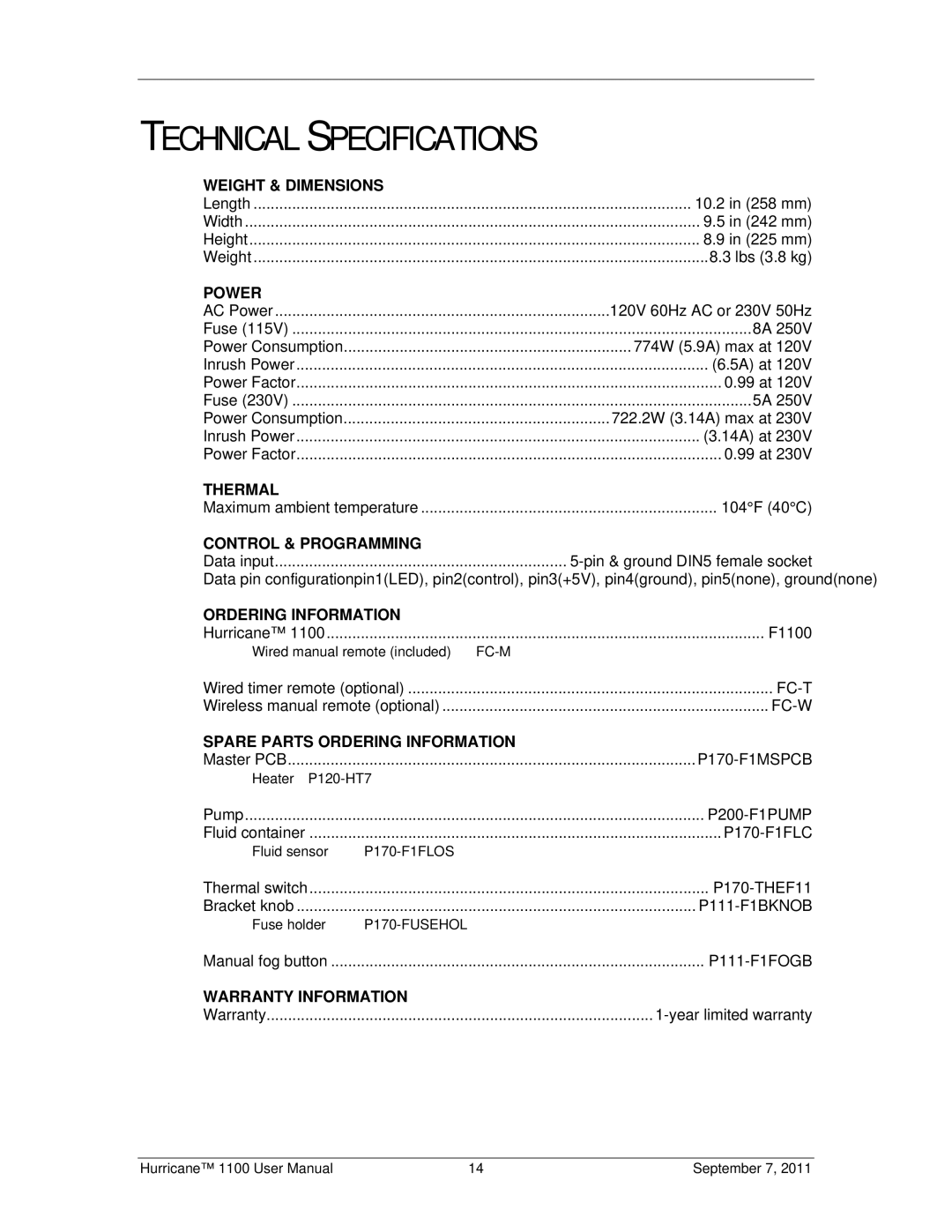 Chauvet 1100 user manual Technical Specifications, Power 