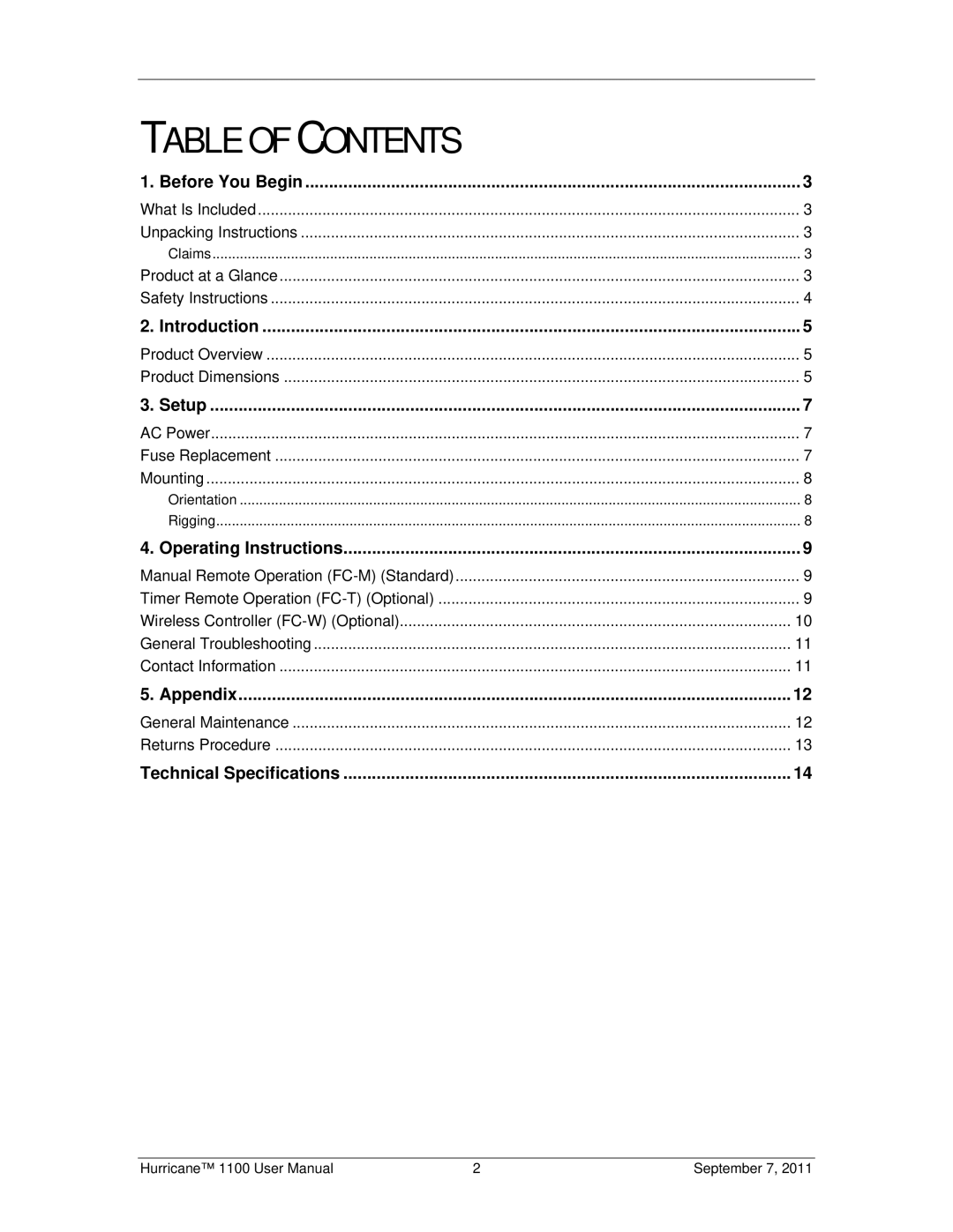 Chauvet 1100 user manual Table of Contents 