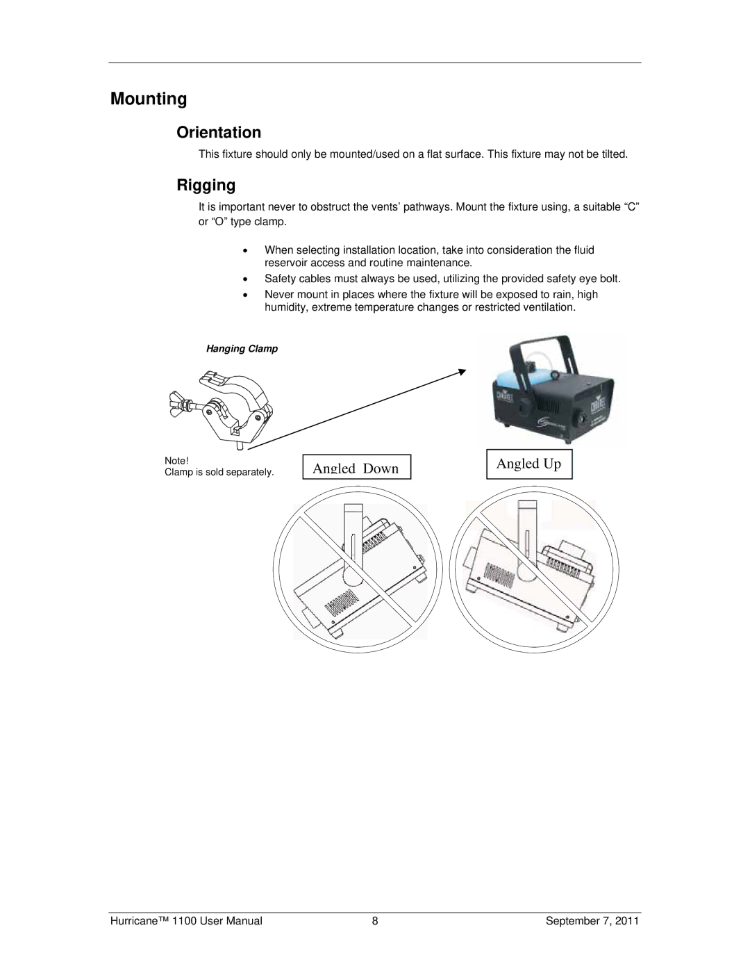 Chauvet 1100 user manual Mounting, Orientation 