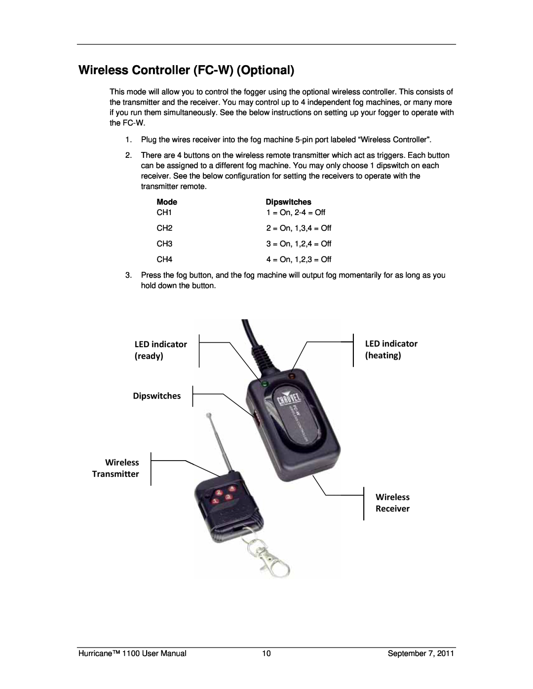 Chauvet 1100 user manual Wireless Controller FC-WOptional, LED indicator ready Dipswitches Wireless, Transmitter, Mode 