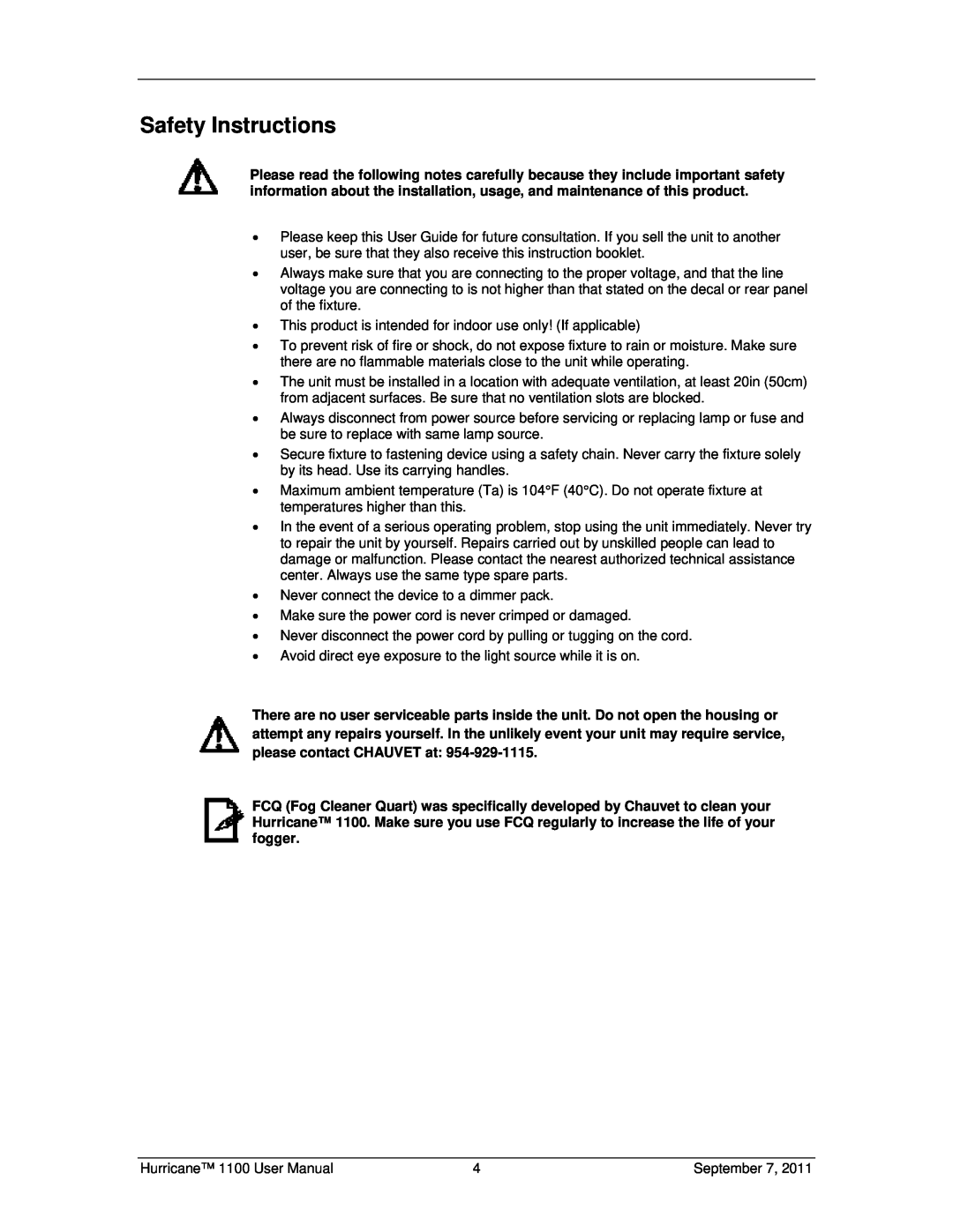 Chauvet 1100 user manual Safety Instructions 