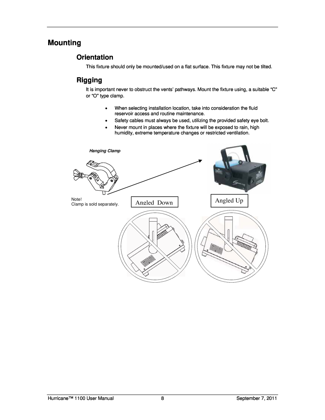 Chauvet 1100 user manual Mounting, Orientation, Rigging, Angled Down, Angled Up 