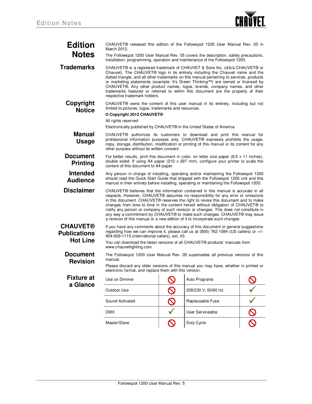 Chauvet 1200 user manual Edition, Copyright 2012 Chauvet 