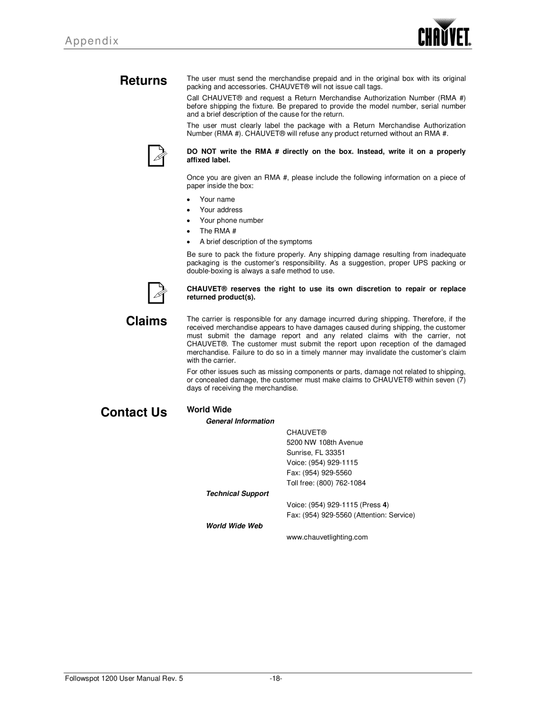 Chauvet 1200 user manual Returns Claims, Contact Us 