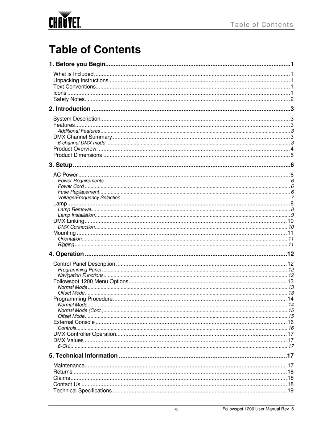 Chauvet 1200 user manual Table of Contents 