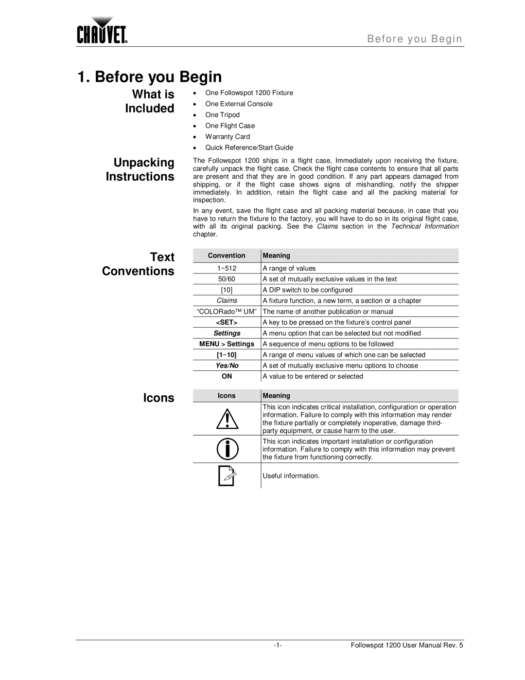 Chauvet 1200 user manual Before you Begin, What is Included, Icons, Unpacking Instructions, Text Conventions 