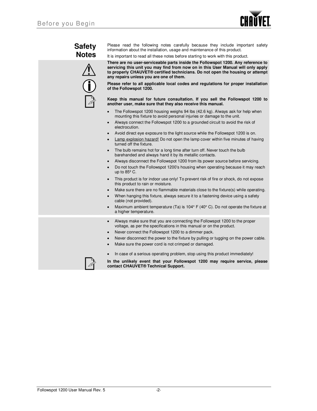 Chauvet 1200 user manual Safety Notes 