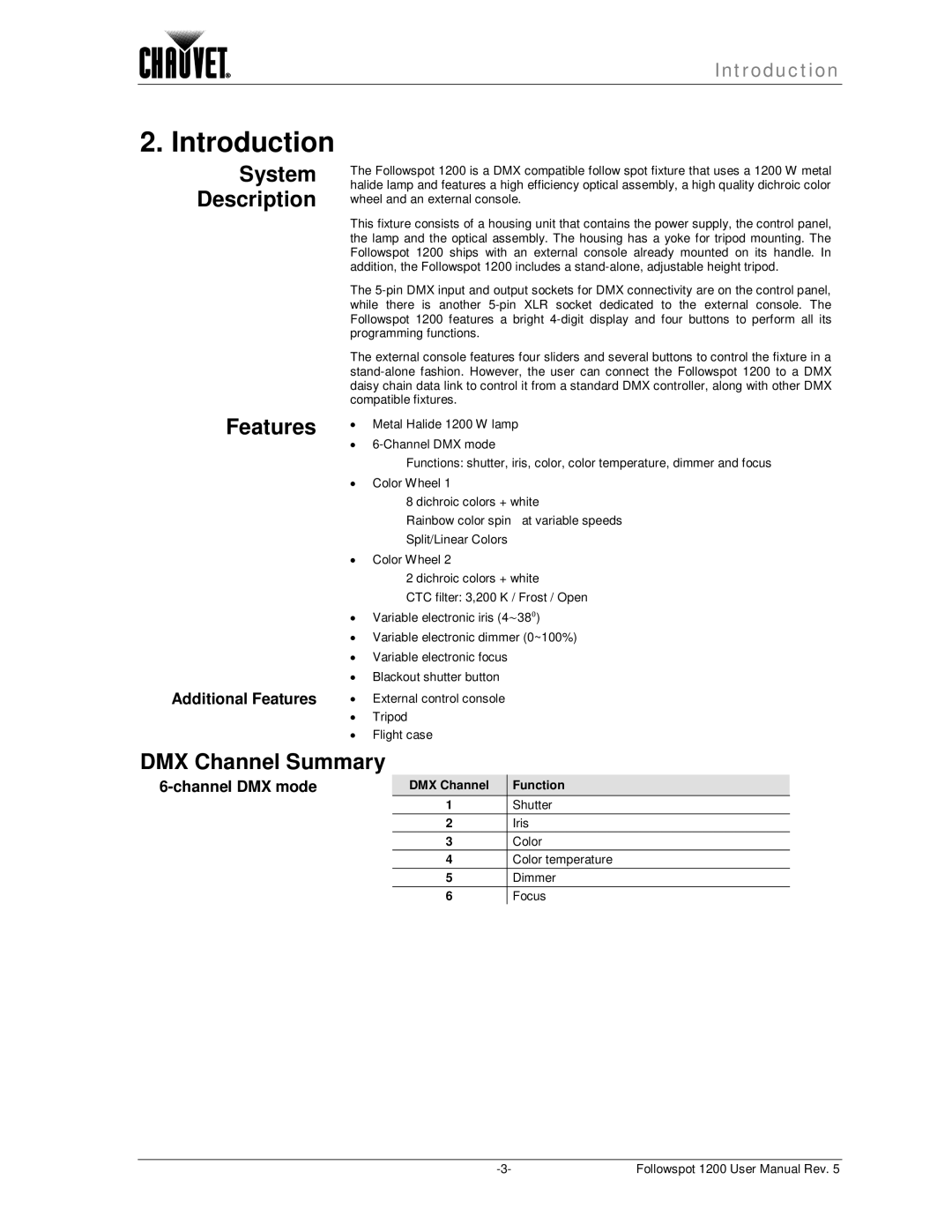 Chauvet 1200 user manual Introduction, System Description Features, DMX Channel Summary, DMX Channel Function 