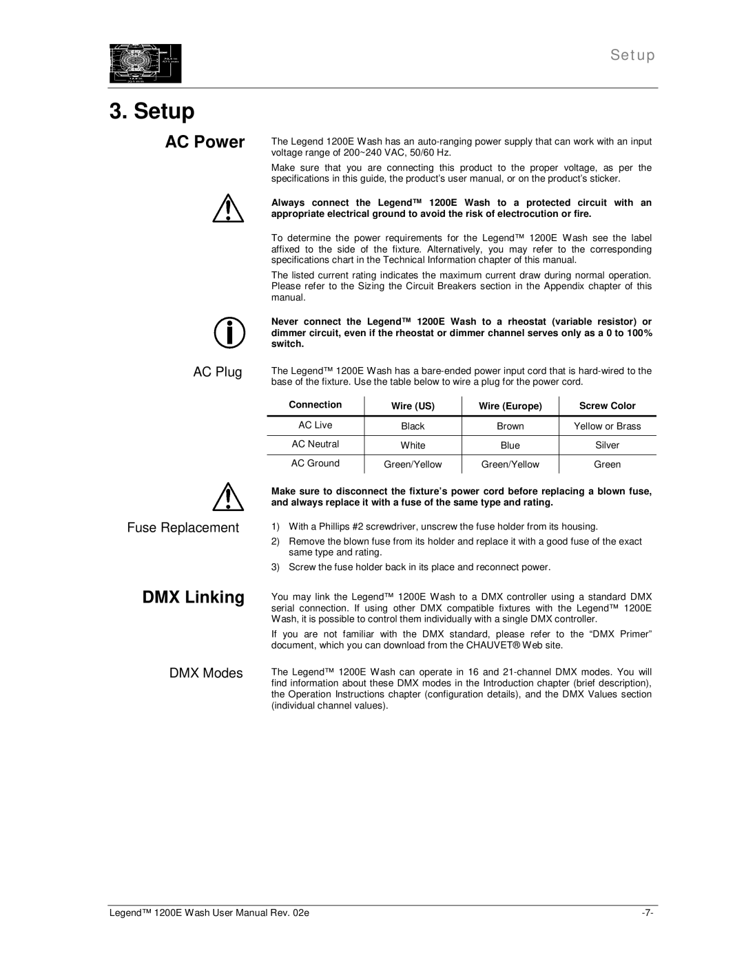 Chauvet 1200E user manual Setup, AC Power, DMX Linking 