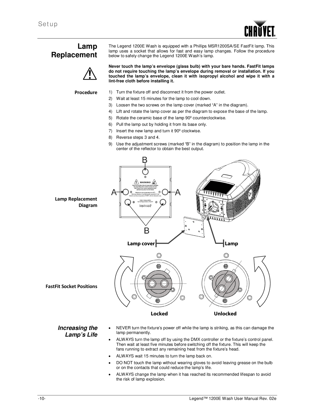 Chauvet 1200E user manual Increasing the Lamp’s Life, Procedure, Lamp Replacement Diagram, FastFit Socket Positions 