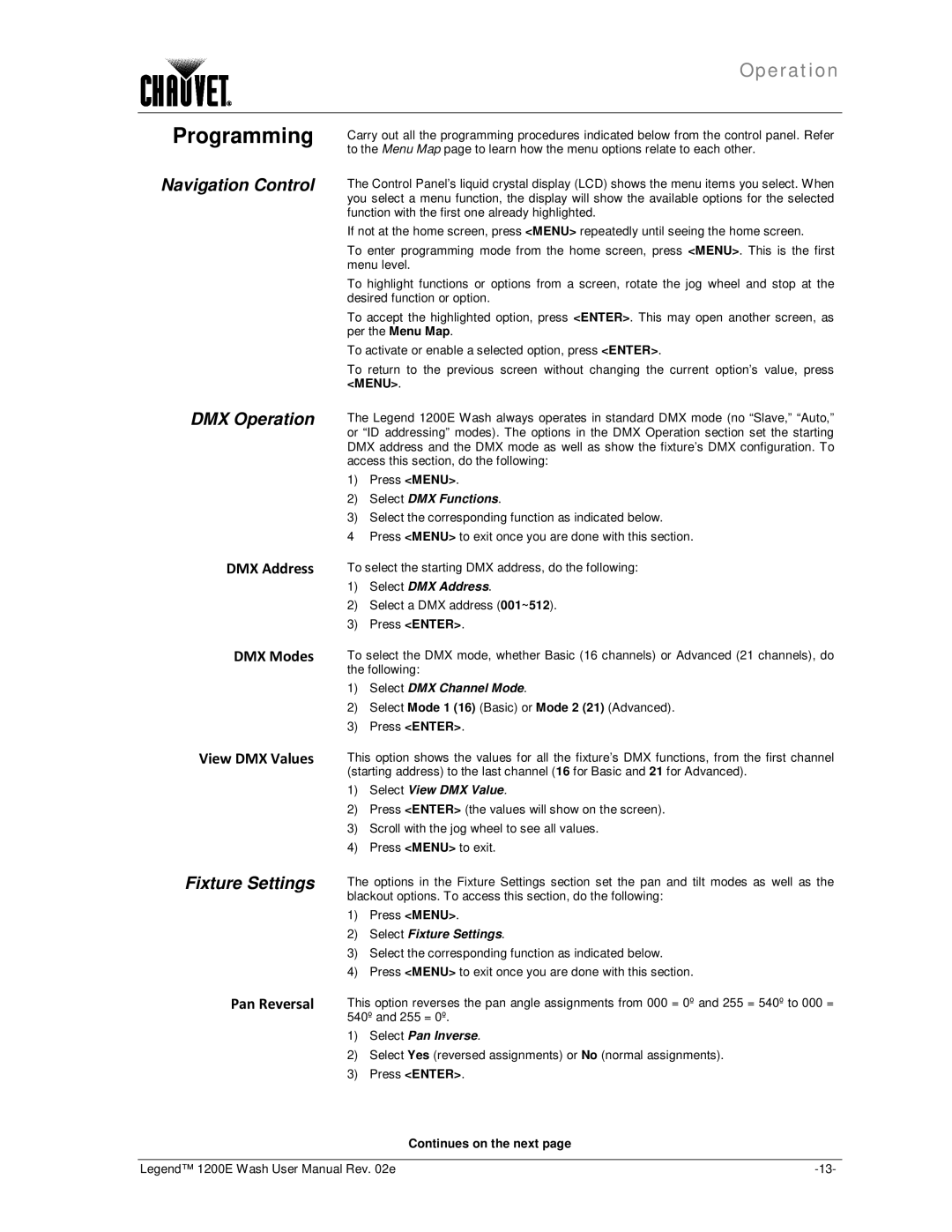 Chauvet 1200E Programming, Navigation Control DMX Operation, Fixture Settings, DMX Address DMX Modes View DMX Values 