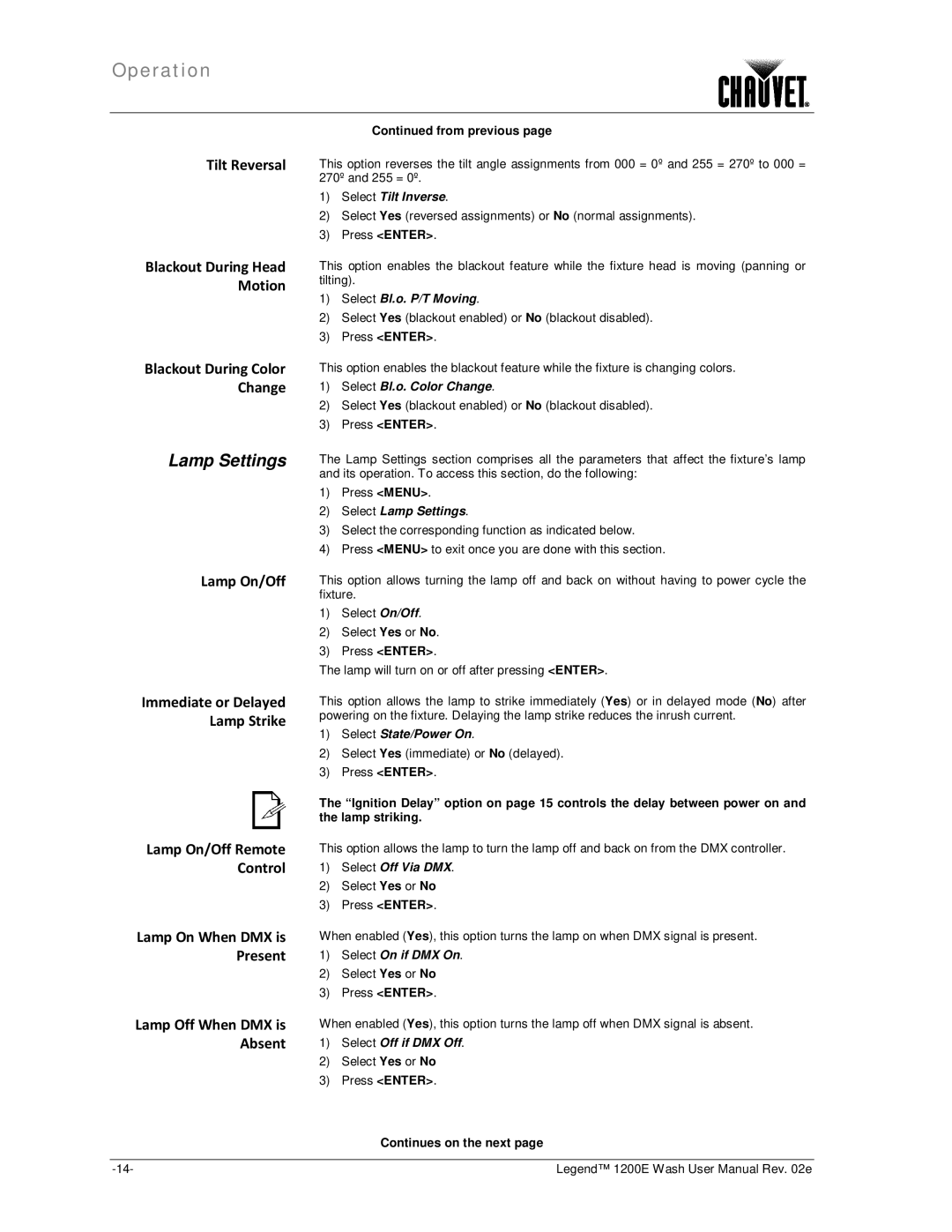 Chauvet 1200E user manual Lamp Settings, Lamp Off When DMX is Absent 