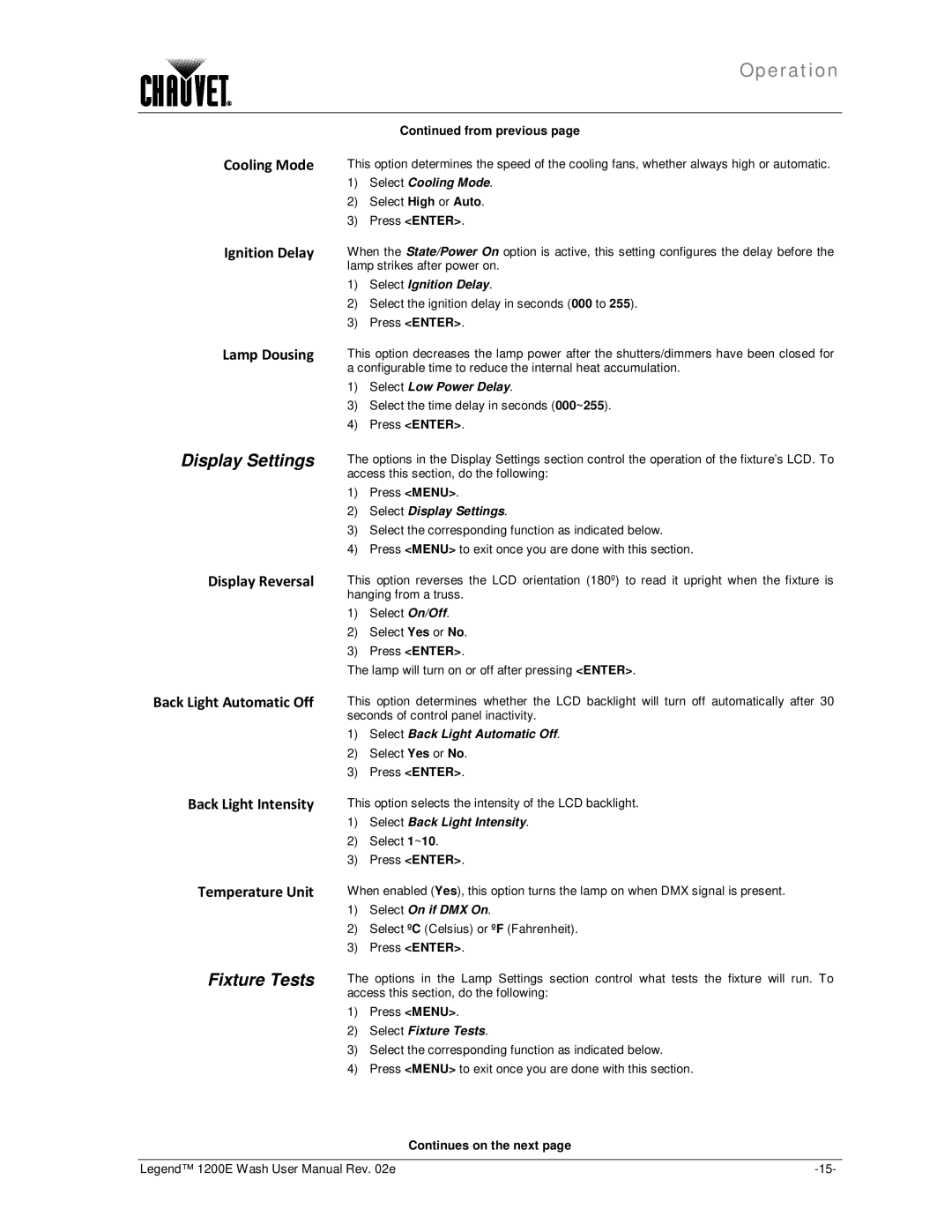 Chauvet 1200E user manual Display Settings, Fixture Tests 