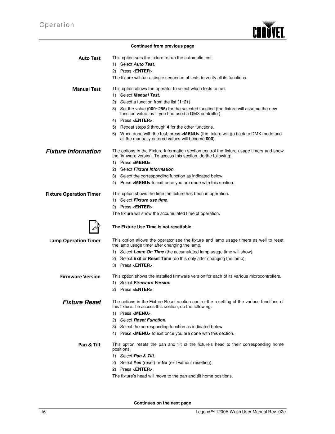 Chauvet 1200E user manual Fixture Information, Fixture Reset, Auto Test Manual Test, Pan & Tilt 