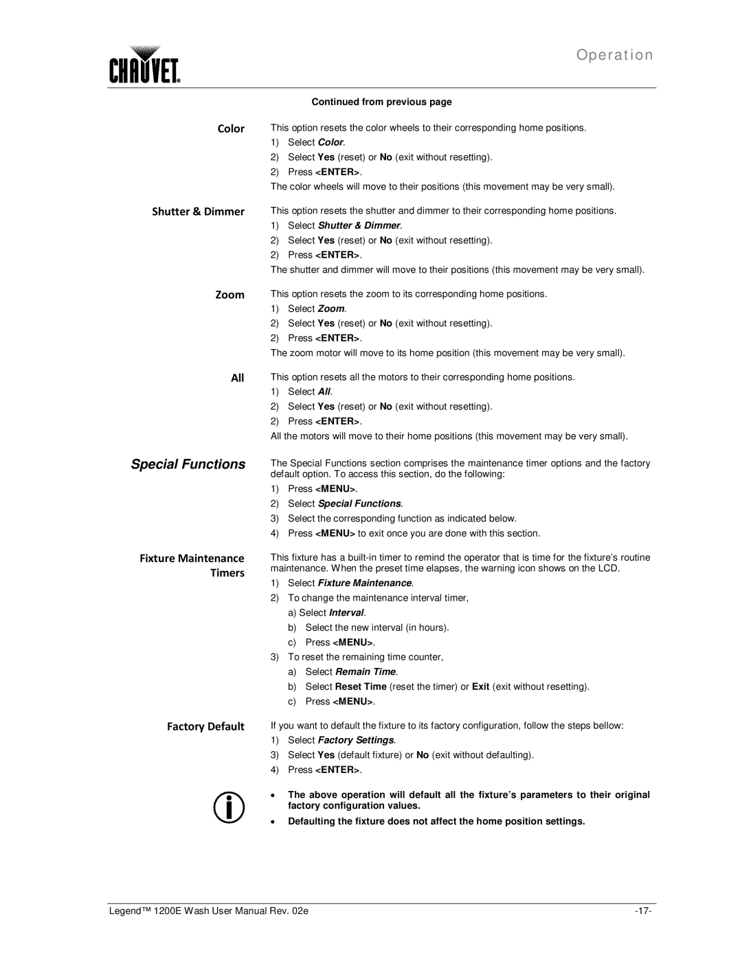 Chauvet 1200E user manual Special Functions, Color Shutter & Dimmer Zoom All, Fixture Maintenance Timers Factory Default 