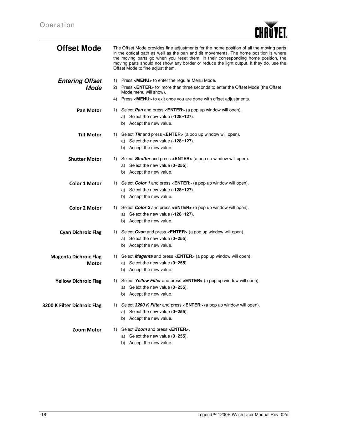 Chauvet 1200E user manual Entering Offset Mode 