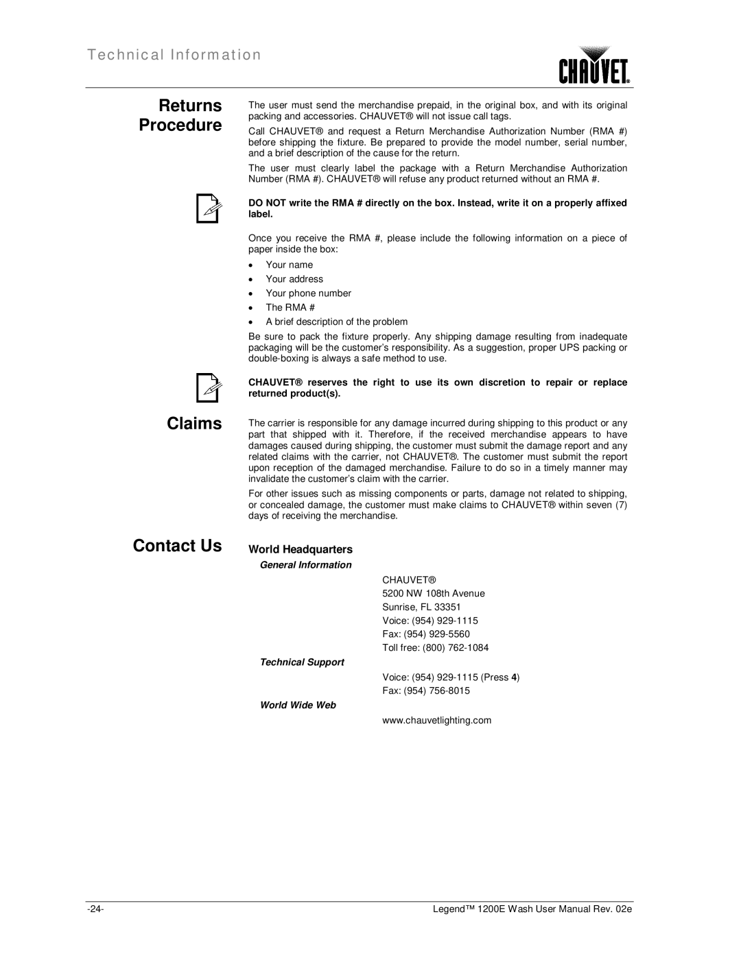 Chauvet 1200E user manual Returns Procedure Claims Contact Us, General Information, Technical Support, World Wide Web 