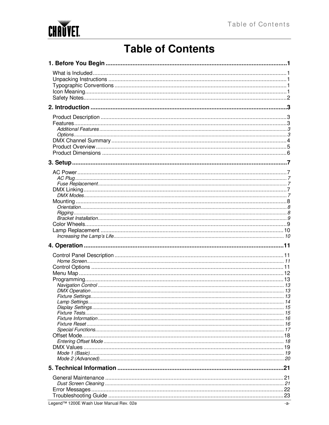 Chauvet 1200E user manual Table of Contents 