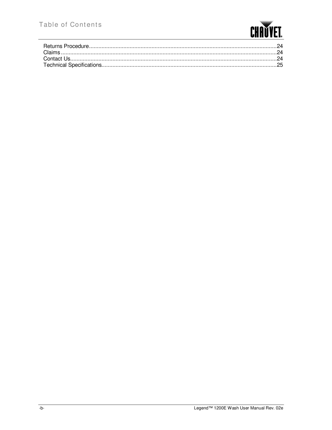 Chauvet 1200E user manual Returns Procedure Claims Contact Us Technical Specifications 