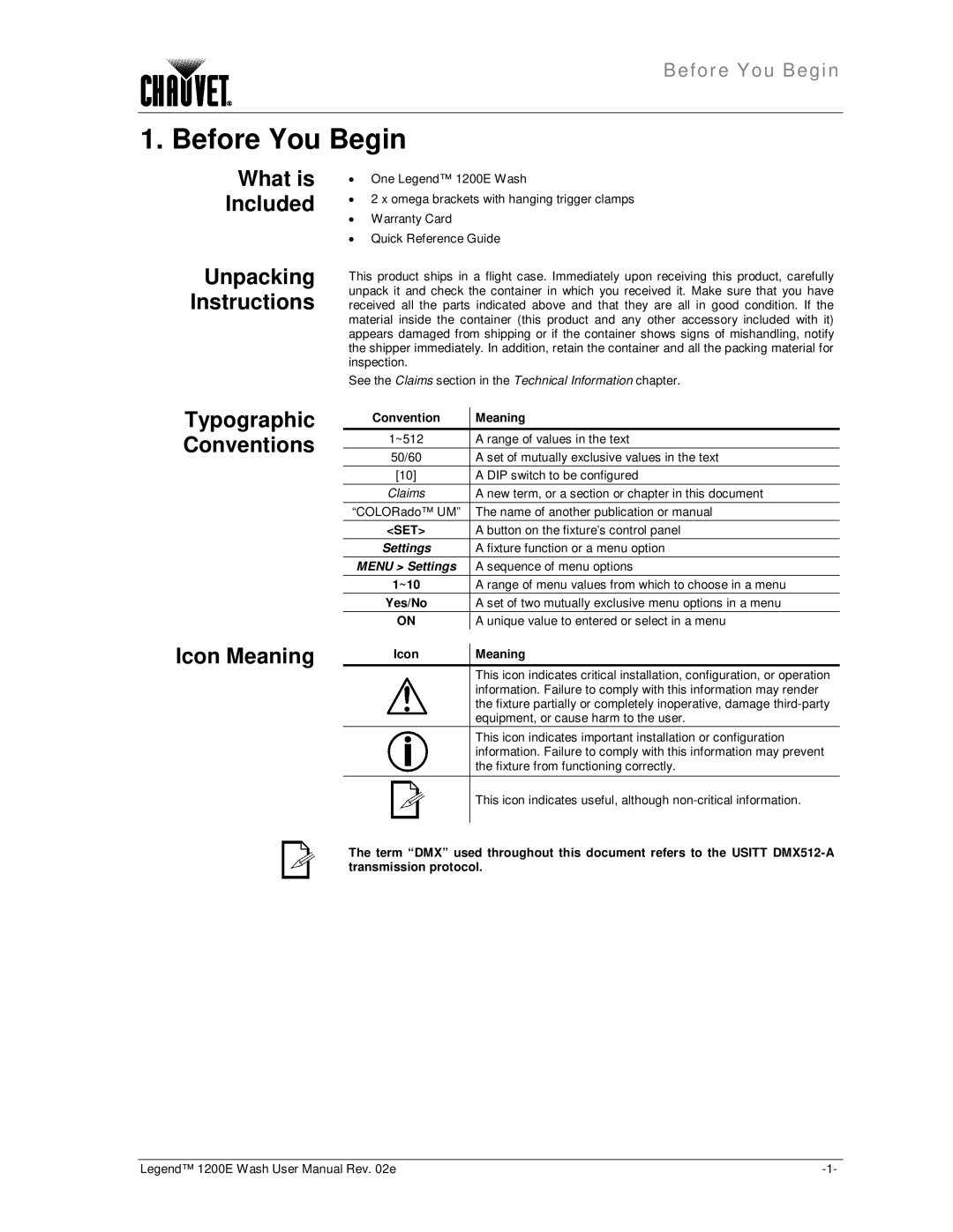 Chauvet 1200E user manual Before You Begin, Unpacking Instructions, Typographic Conventions Icon Meaning 