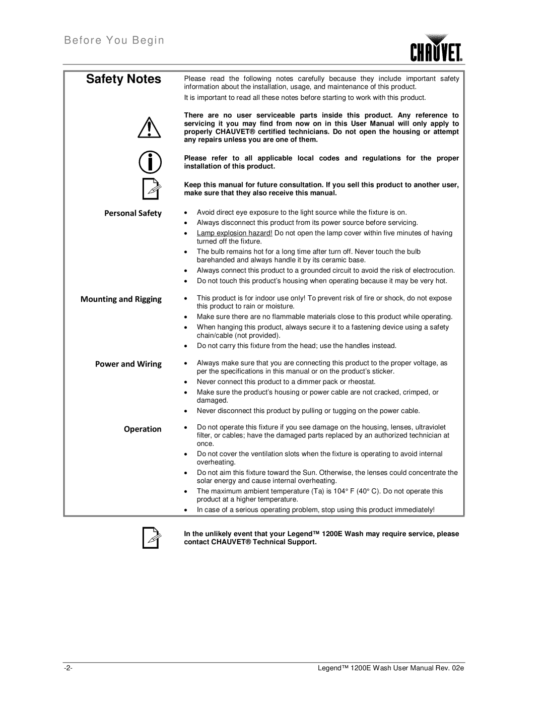 Chauvet 1200E user manual Safety Notes 