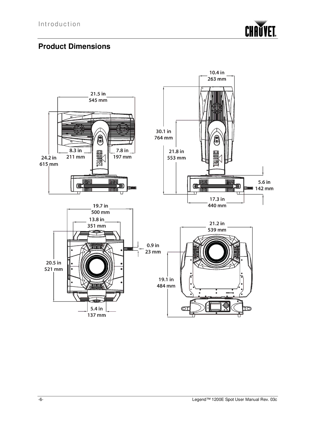 Chauvet 1200E user manual Product Dimensions 