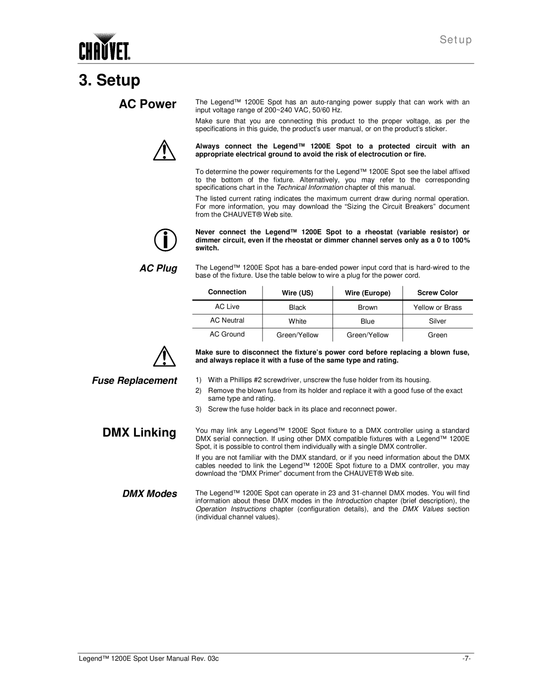 Chauvet 1200E user manual AC Power, DMX Linking, AC Plug Fuse Replacement, DMX Modes 