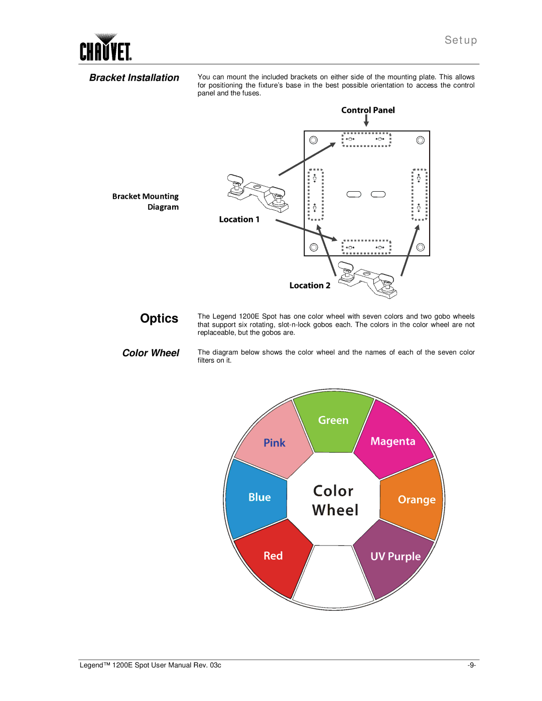 Chauvet 1200E user manual Optics, Bracket Installation, Color Wheel, Bracket Mounting Diagram 