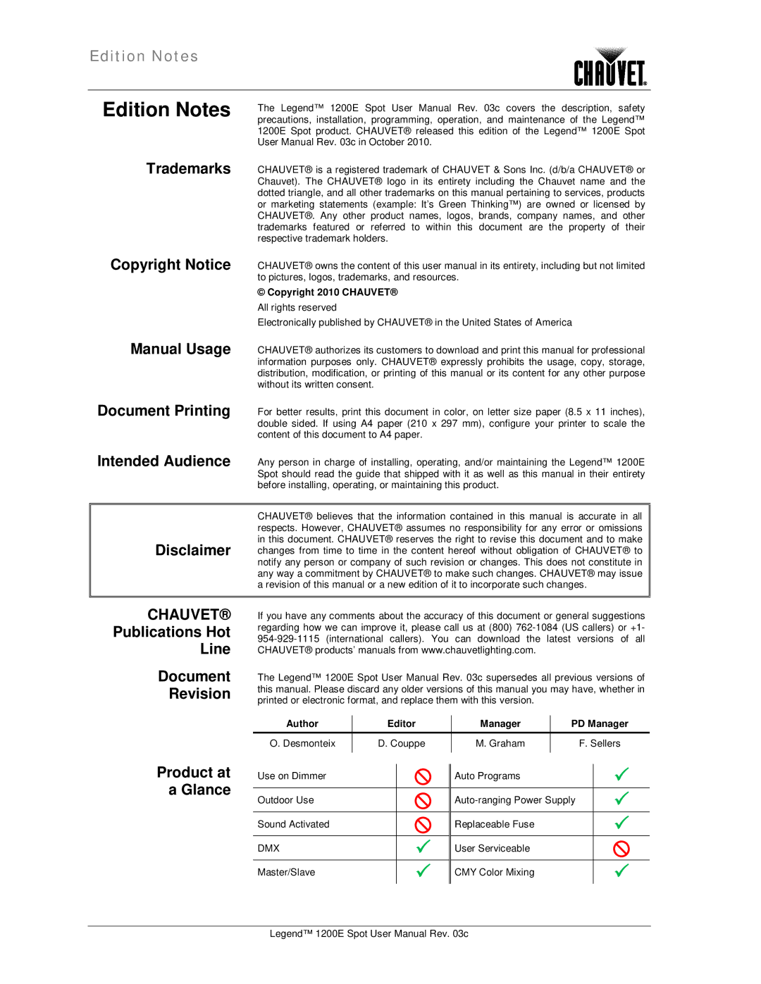 Chauvet 1200E user manual Copyright 2010 Chauvet, Author Editor Manager PD Manager 