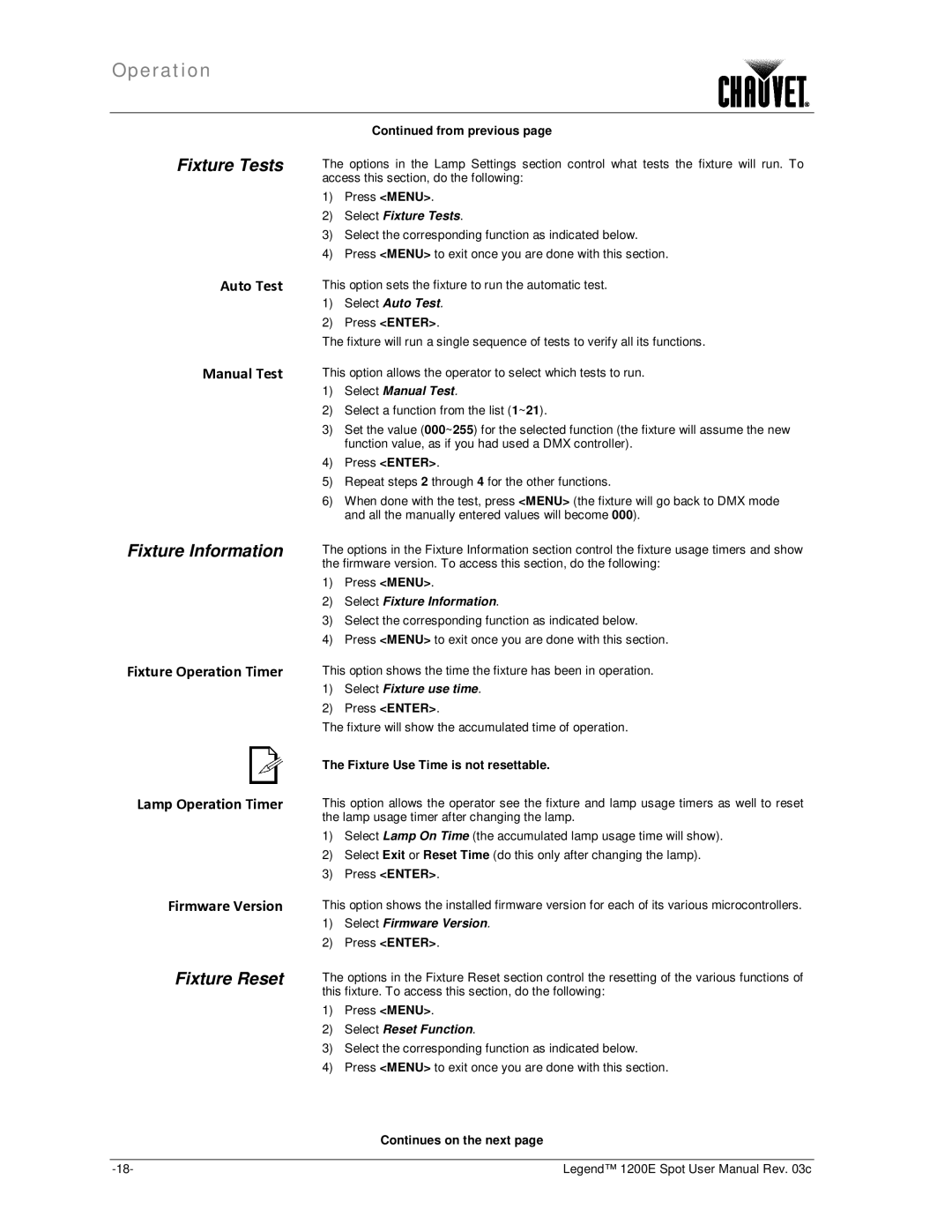 Chauvet 1200E user manual Fixture Tests, Fixture Information, Fixture Reset, Auto Test Manual Test 