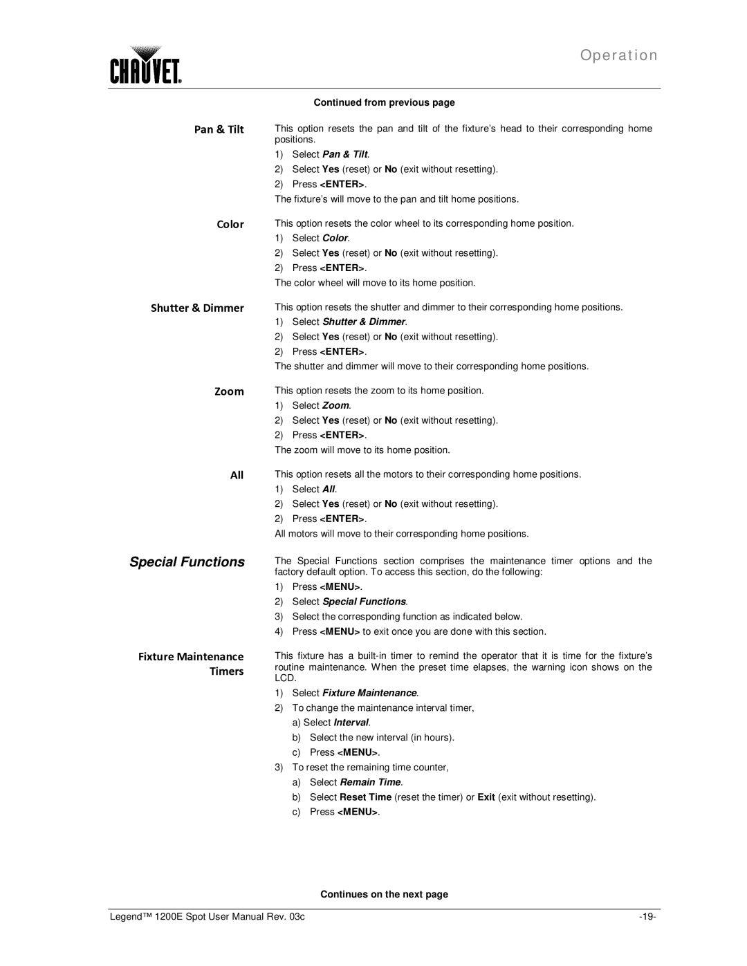 Chauvet 1200E user manual Special Functions, Pan & Tilt Color Shutter & Dimmer Zoom All, Fixture Maintenance Timers 