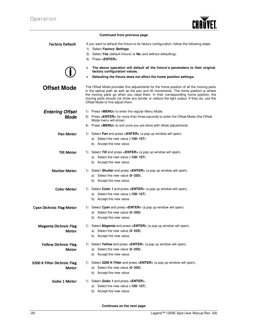 Chauvet 1200E user manual Entering Offset Mode 