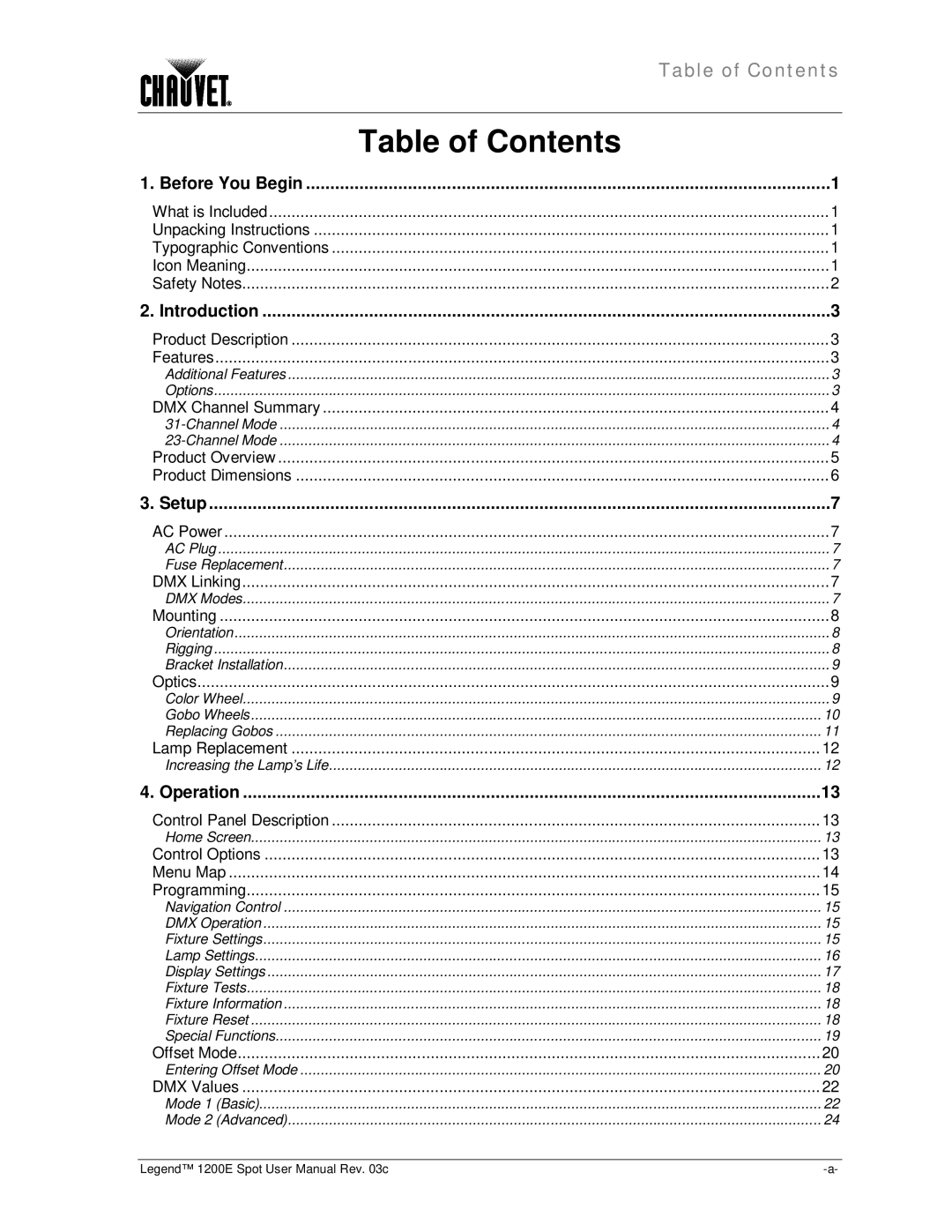 Chauvet 1200E user manual Table of Contents 