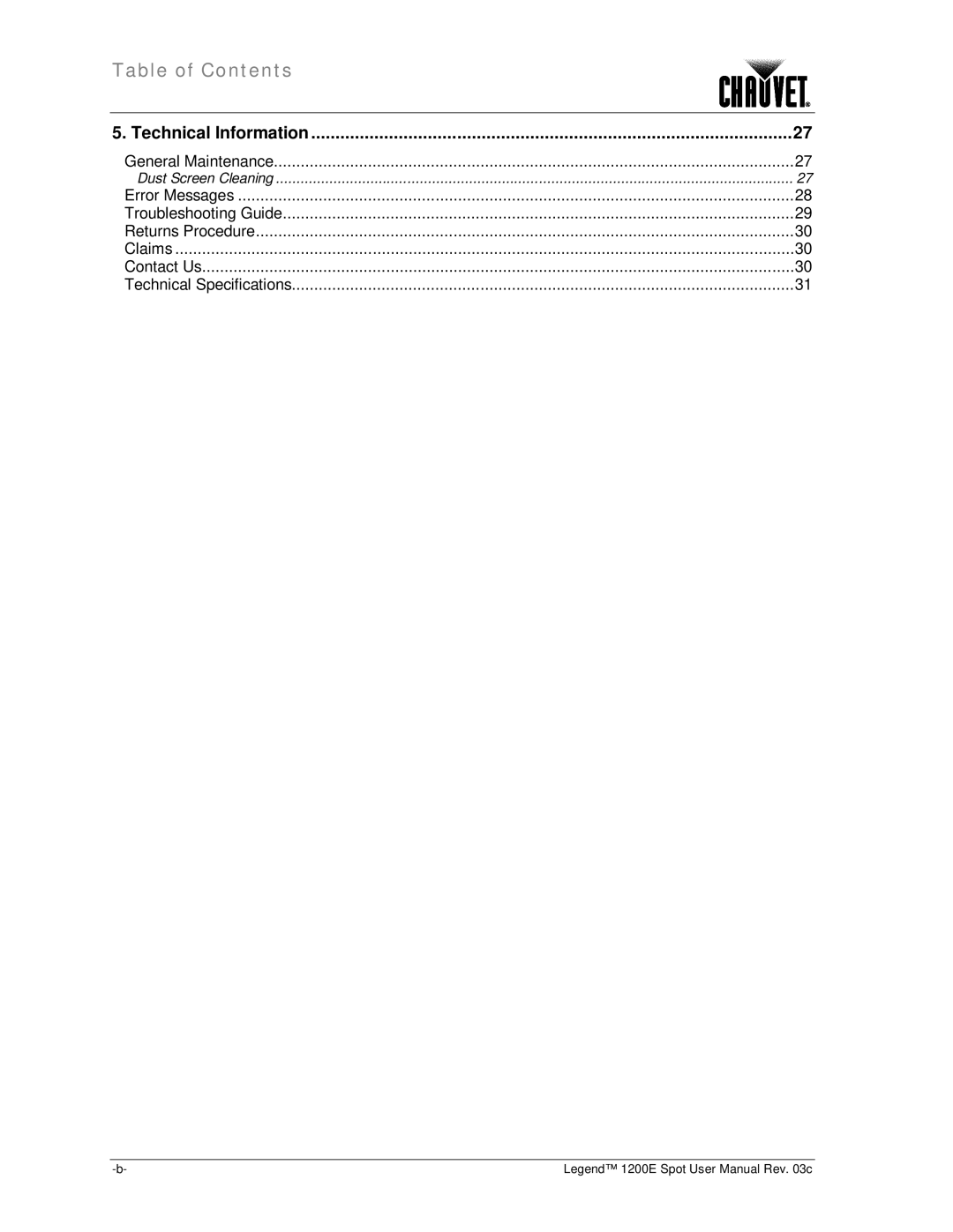 Chauvet 1200E user manual Table of Contents 