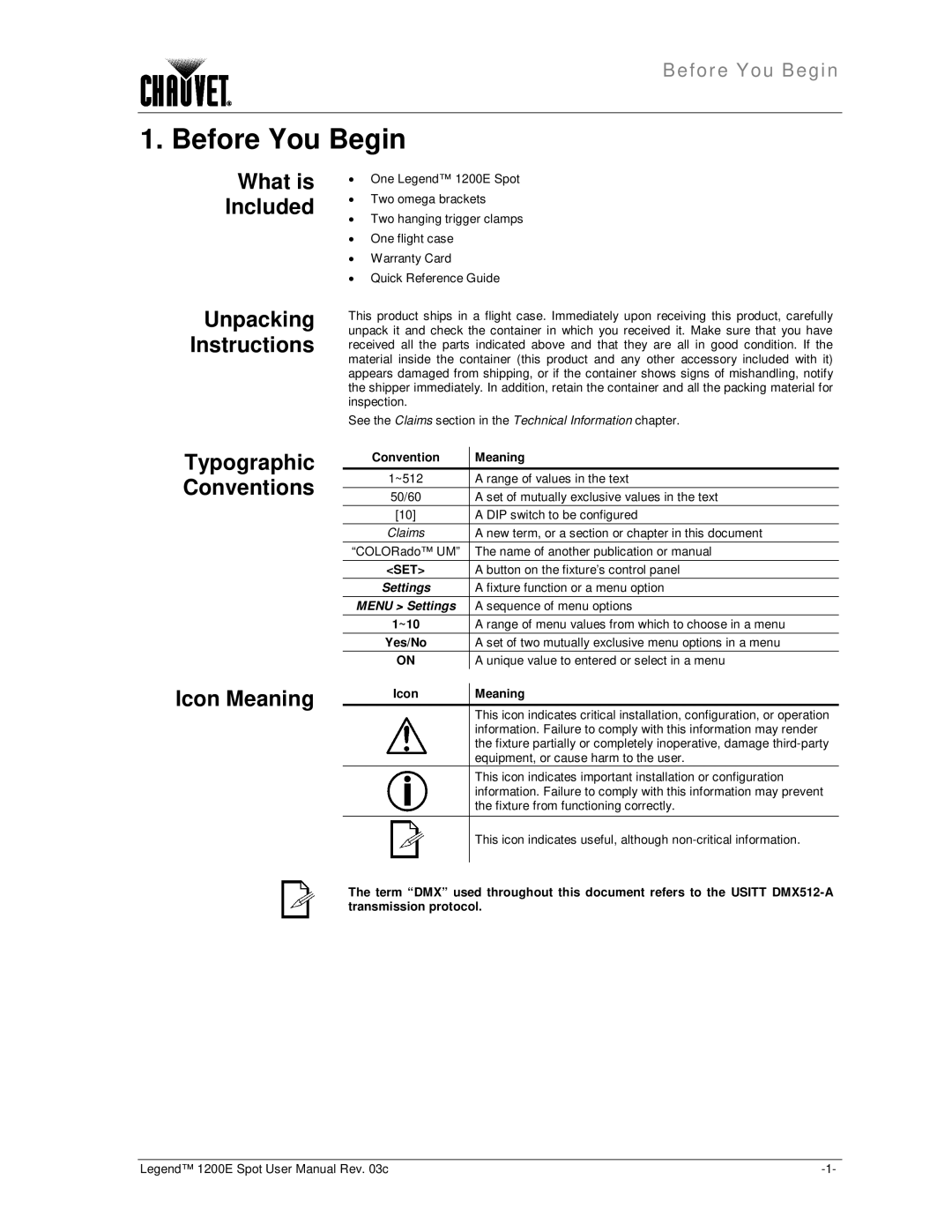 Chauvet 1200E user manual What is Included, Icon Meaning, Convention Meaning, ~10 