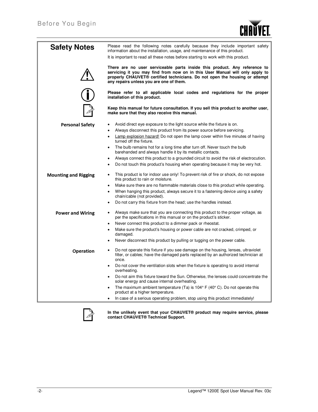 Chauvet 1200E user manual Safety Notes 