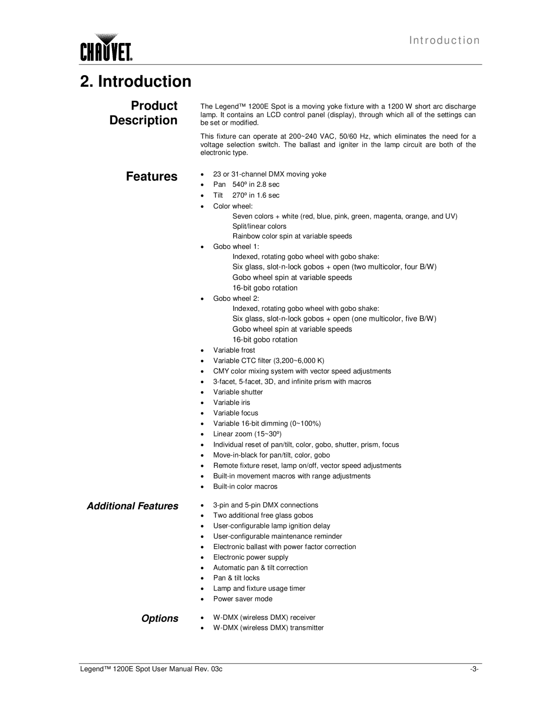 Chauvet 1200E user manual Product Description, Additional Features Options 