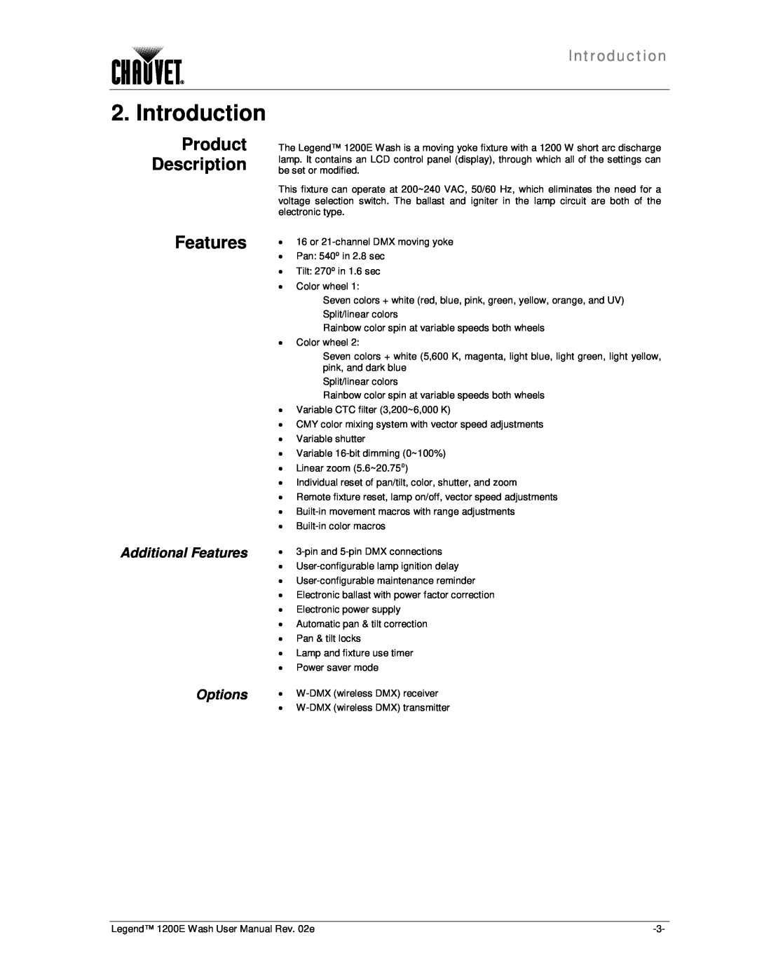 Chauvet 1200E user manual Introduction, Product Description, Additional Features Options 