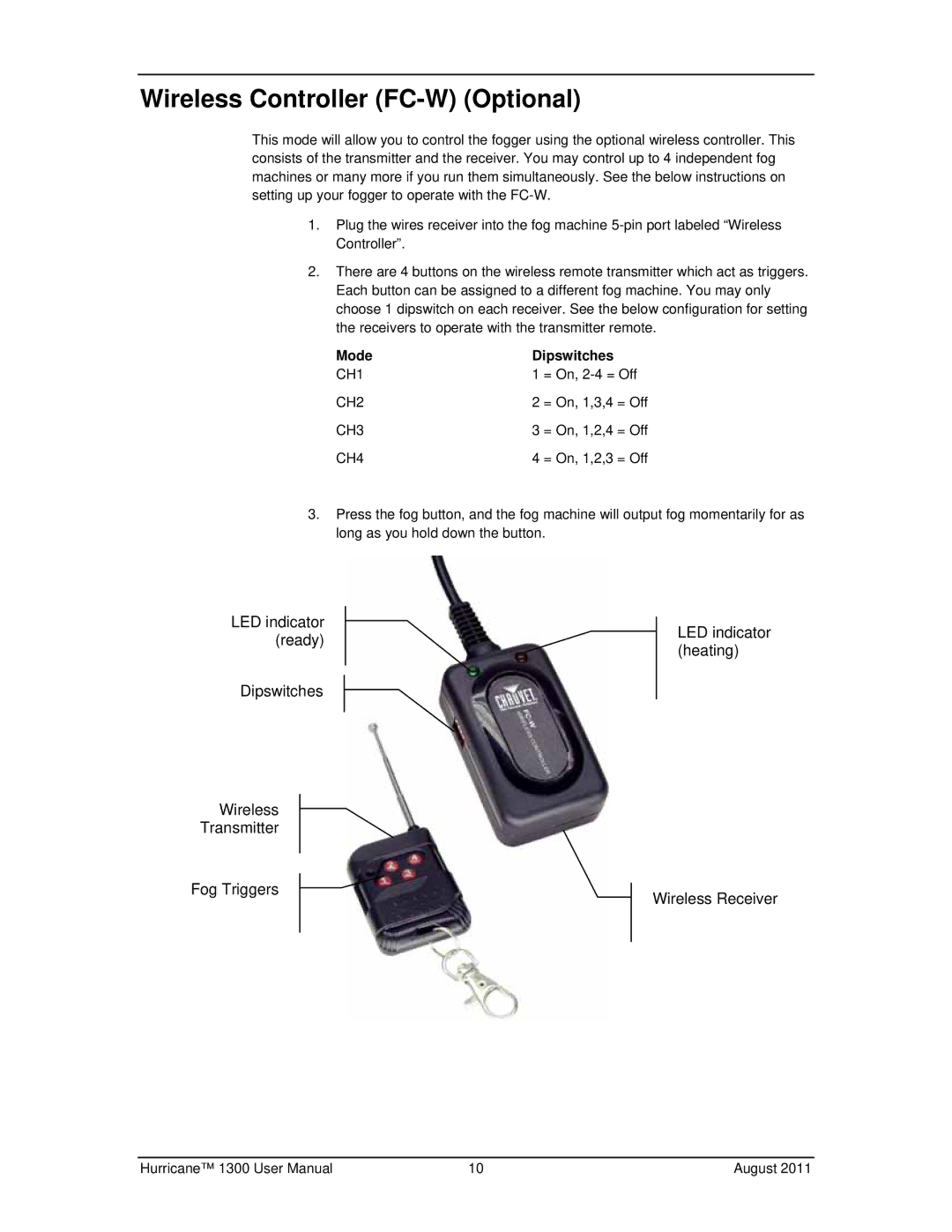 Chauvet 1300 user manual Wireless Controller FC-W Optional, Mode Dipswitches 