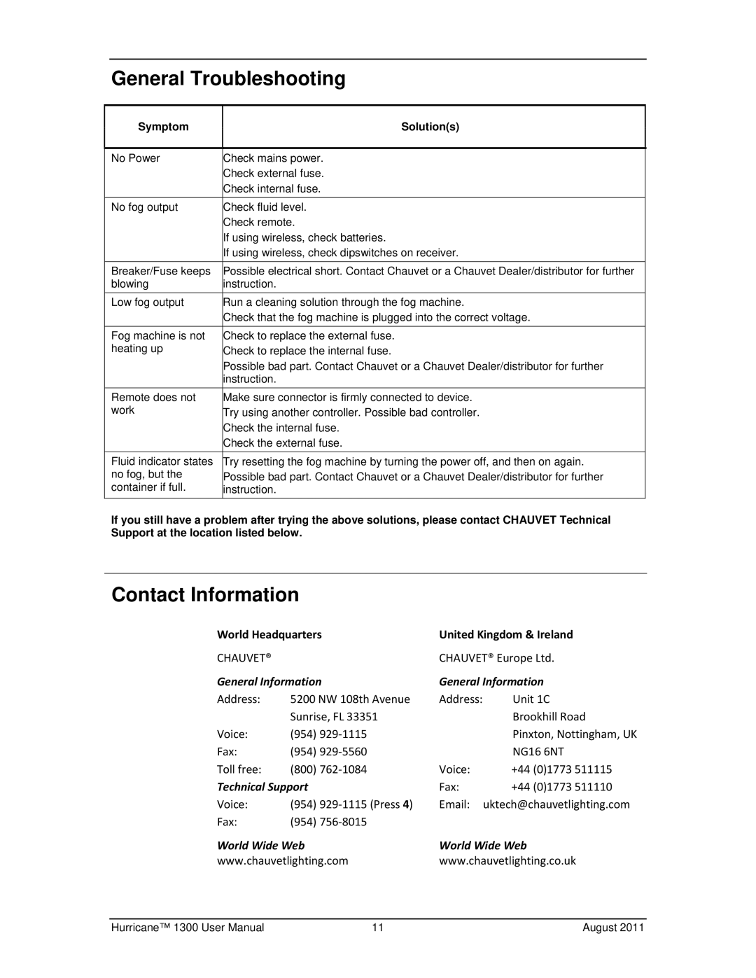 Chauvet 1300 user manual General Troubleshooting, Contact Information 