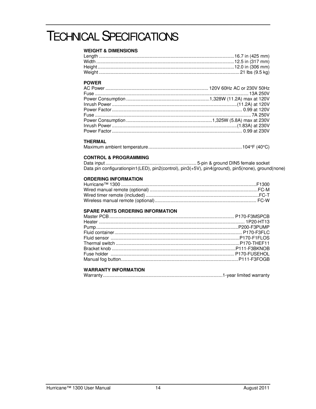 Chauvet 1300 user manual Technical Specifications, Power 